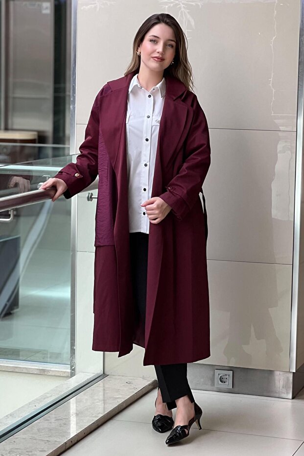 Kruvaze Yaka Önü Açık Kuşaklı Trençkot - 3