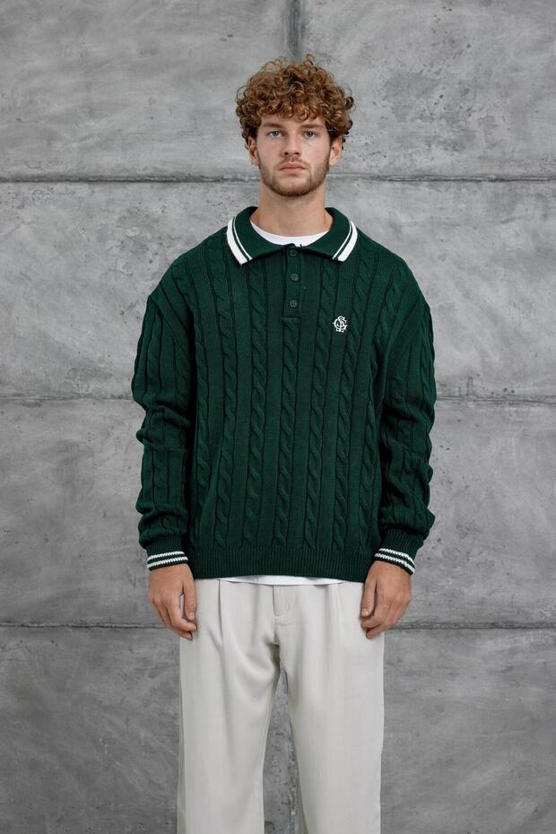 Yeşil Gst Polo Yaka Örme Oversıze Triko - 1