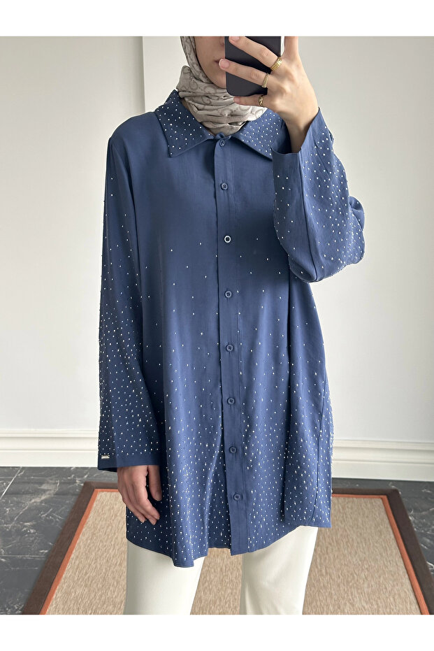 Taş Baskılı Gömlek - İndigo - 8