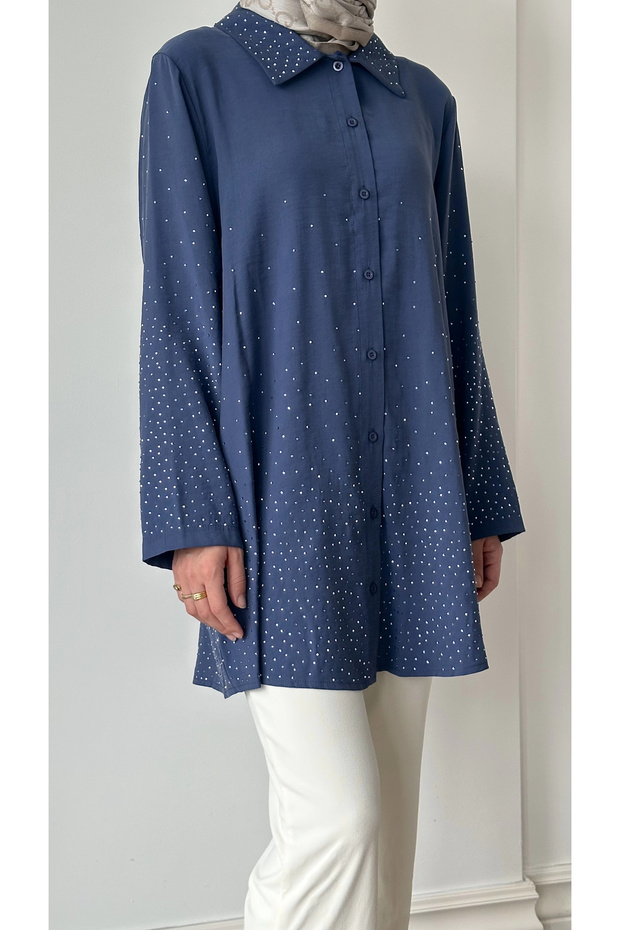 Taş Baskılı Gömlek - İndigo - 4