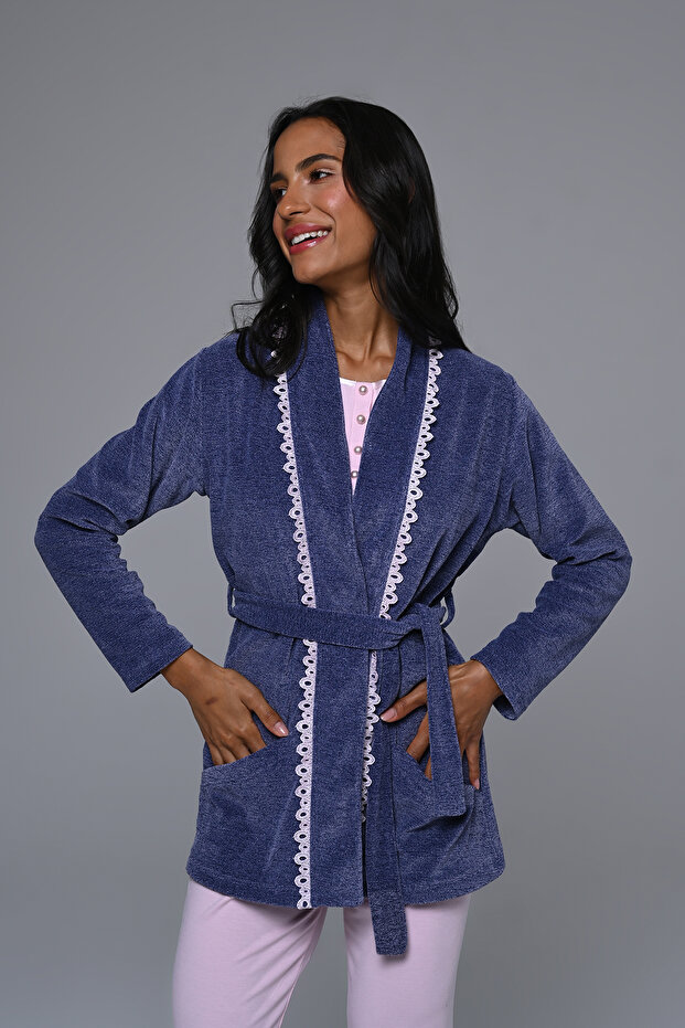 Women's Blue Fleece Dressing Gown with Lace Winter Special Design Maternity Postpartum Dressing Gown Pajama Set
