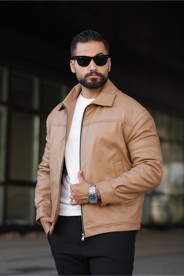 معطف جلدي مبطن من الداخل للرجال - 1