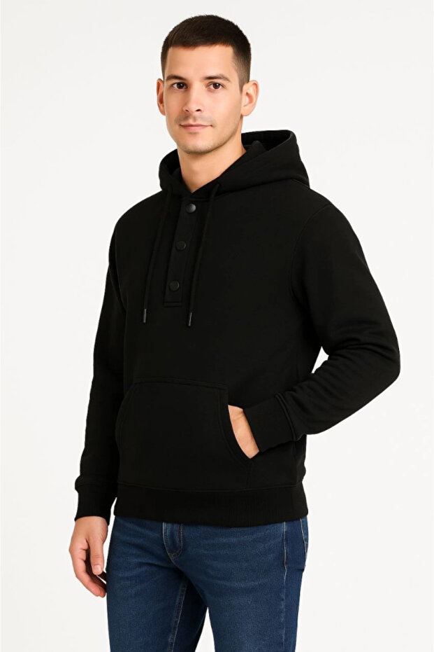 Men's Oversized Hooded Sweatshirt with Kangaroo Pocket and Snap Fasteners, 3 Thread Raised Hoodie - Black