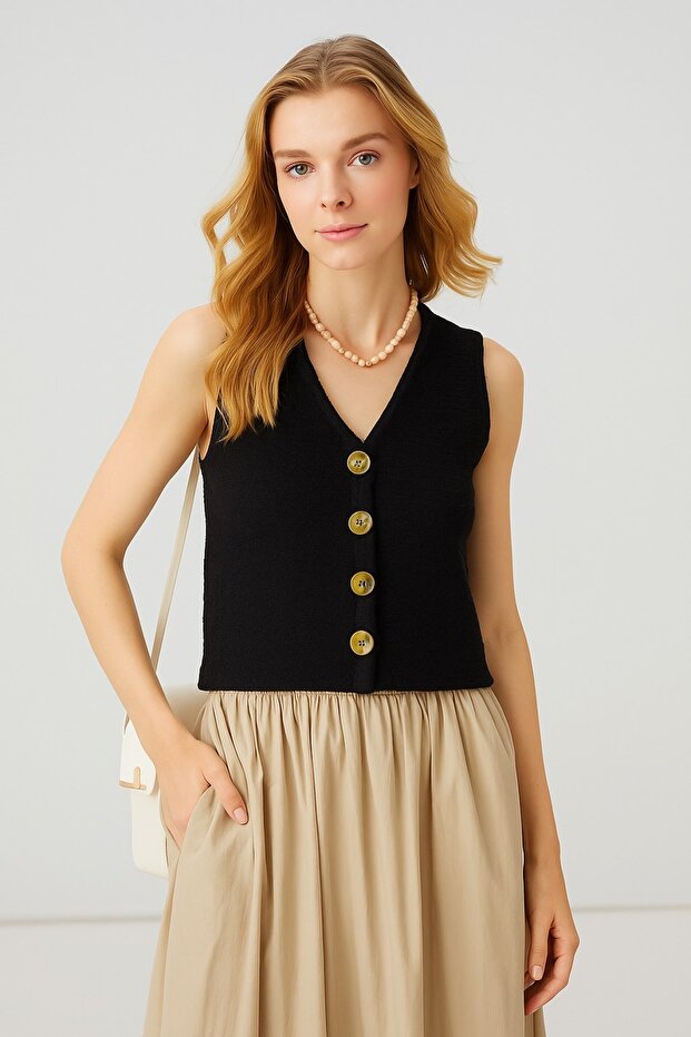 V Yaka Düğmeli YELEK - 3