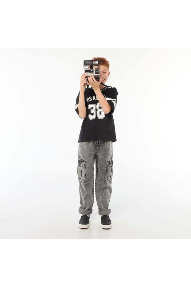 بنطلون مطاطي متعدد الجيوب باللون الرمادي - 1