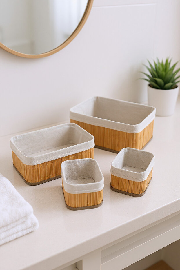 طقم سلال كتان مكون من 4 قطع مستطيلة الشكل - 3