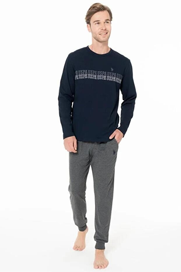 Men's Navy Blue Color Long Sleeve Crew Neck Elastic Leg Pajama Set C3T5N981