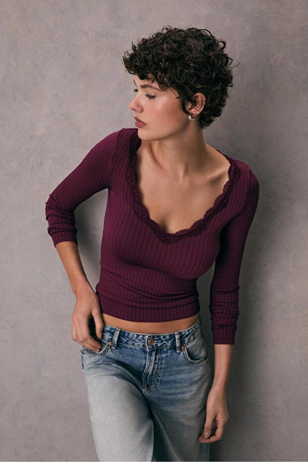 Dantelli dikişsiz tişört - 2