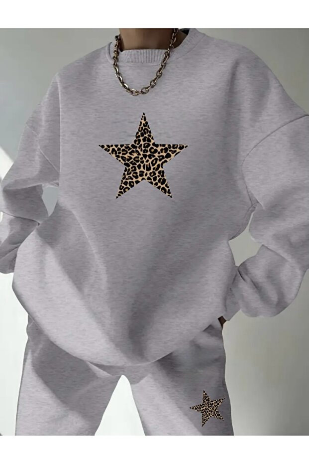 Leopard Star Printed Unisex Oversize Cropped Sweatshirt Bottom/Top Tracksuit Set