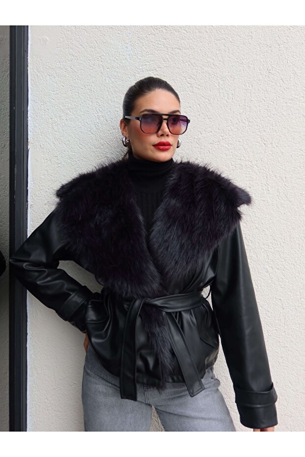 Fur-Collar Leather Belted Jacket