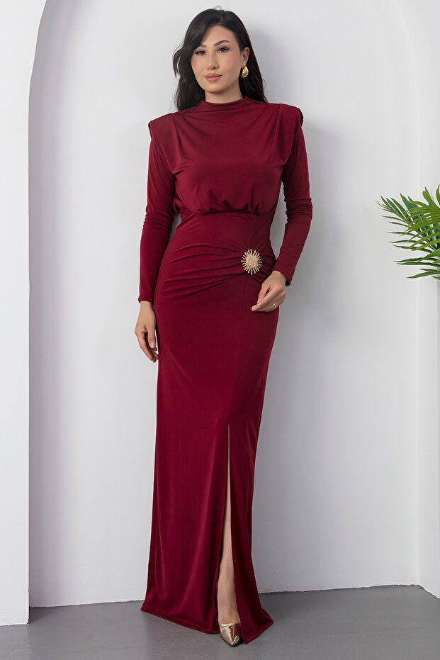 Dik Yaka Omuz Vatkalı Tokalı Elbise 2025-4354 - 6