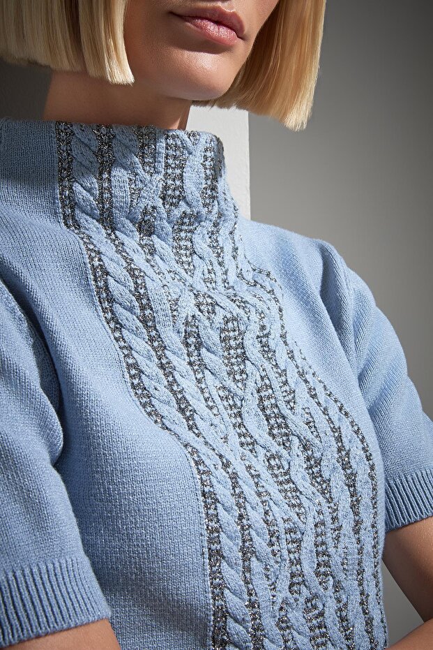 Dik Yaka Simli Mavi Triko Kazak - 5