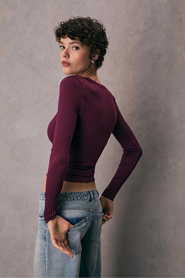 Dantelli dikişsiz tişört - 4