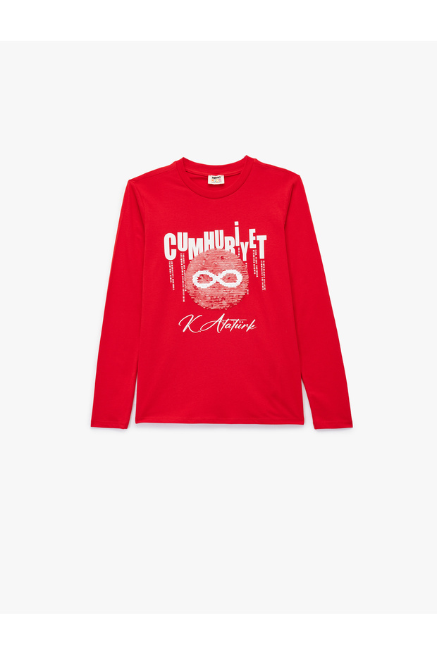 Cotton Long Sleeve Sequin T-Shirt with Republic and Ataturk Signature Print