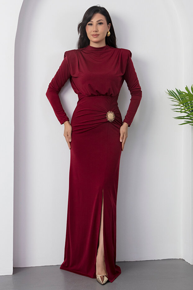 Dik Yaka Omuz Vatkalı Tokalı Elbise 2025-4354 - 5