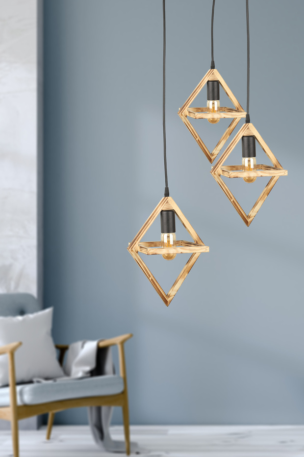 Prizma 3.Lü Ahşap Avize - 1