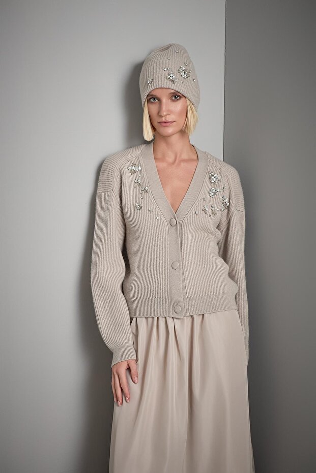 El İşi Taş İşlemeli Bej Triko Bere - 5