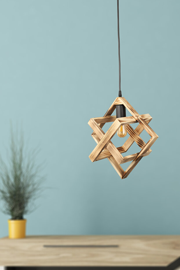 Kareli Tekli Ahşap Avize - 1