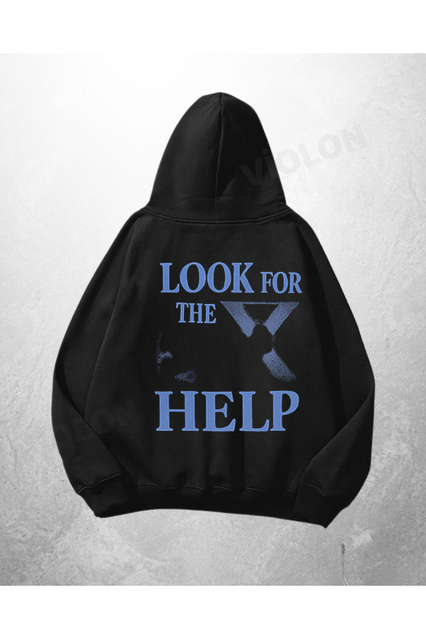هودي أسود كبير الحجم مطبوع عليه عبارة 'Look For The Help' للجنسين
