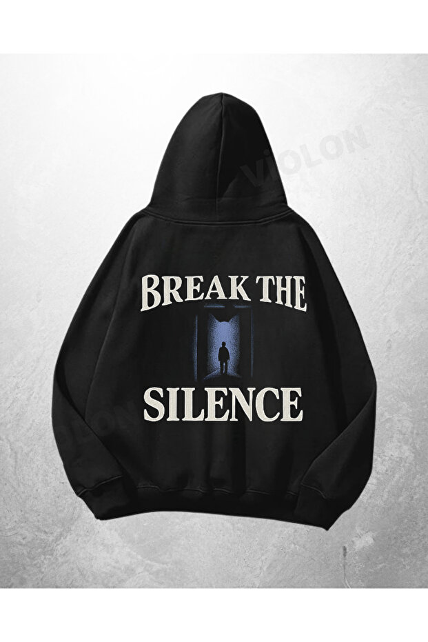 سويت شيرت بقلنسوة كبير الحجم مطبوع عليه Break The Silence باللون الأسود للجنسين
