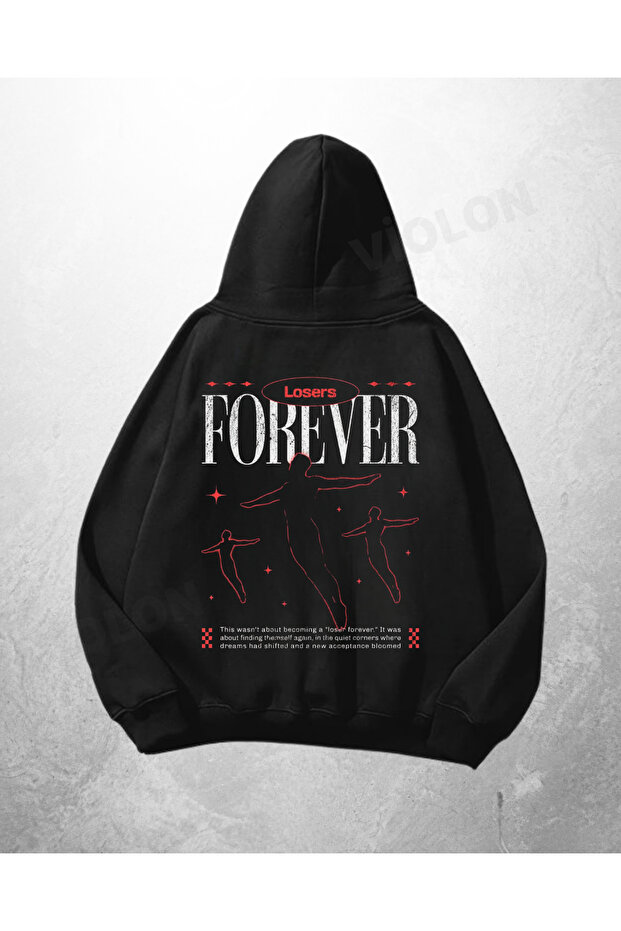 سويت شيرت بقلنسوة كبير الحجم مطبوع عليه Forever باللون الأسود للجنسين
