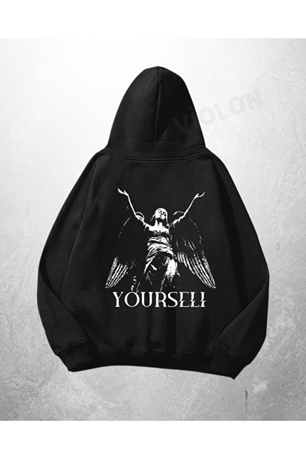 سويت شيرت هوديي كبير الحجم مطبوع عليه Yourself باللون الأسود للجنسين