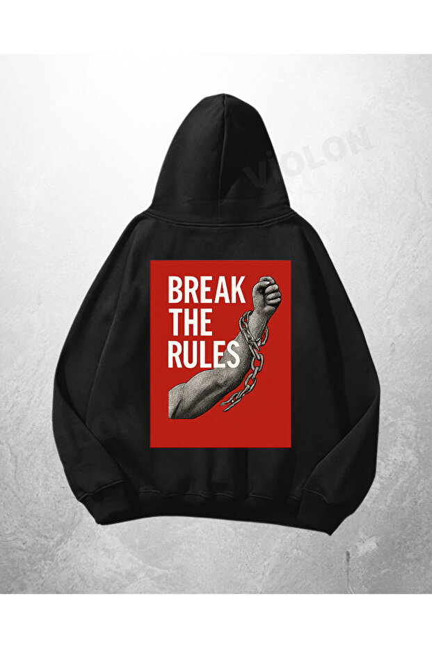 هودي سويت شيرت أسود للجنسين مطبوع عليه عبارة 'Break The Rules' بإطار أحمر وحجم كبير