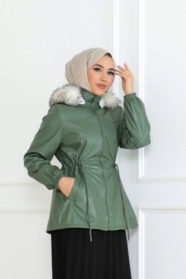 Drawstring Waist Zippered Side Pocket Hooded Hijab Leather Coat 62622