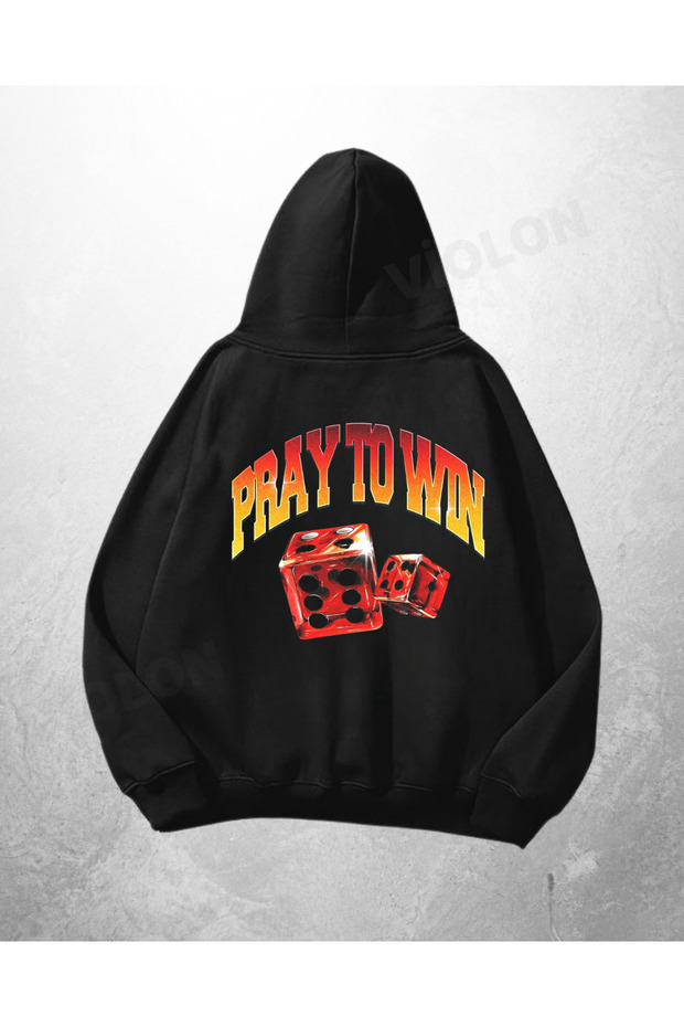 سويت شيرت بقلنسوة كبير الحجم مطبوع عليه Pray To Win باللون الأسود للجنسين