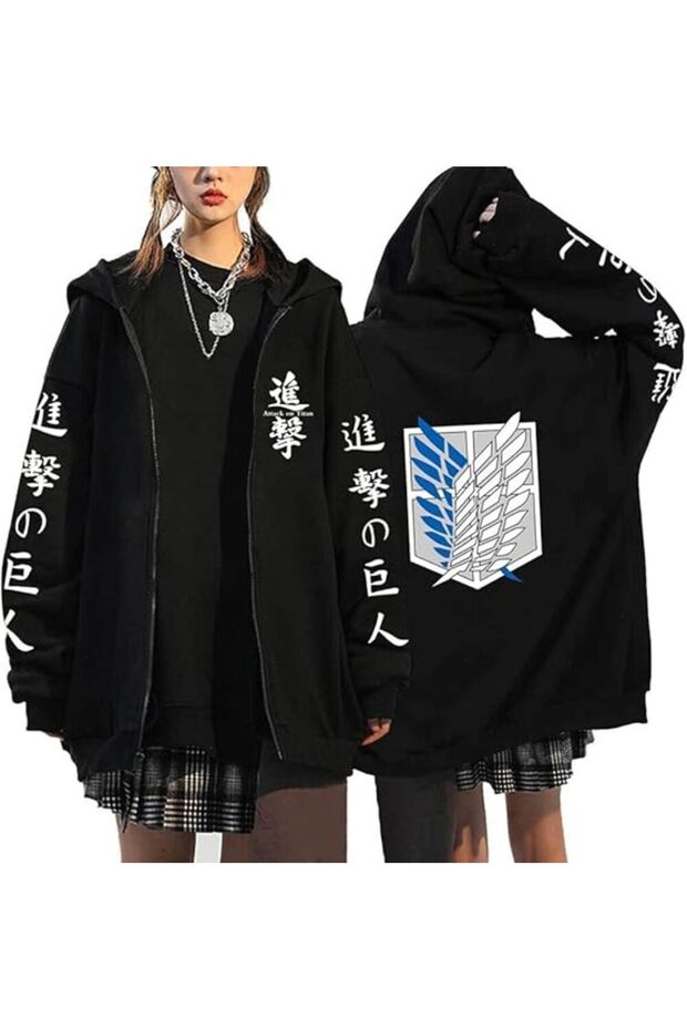 Attack on Titan Anime Printed Cotton Long Sleeve Ribbed 3-Ply Hooded Zipper Sweatshirt