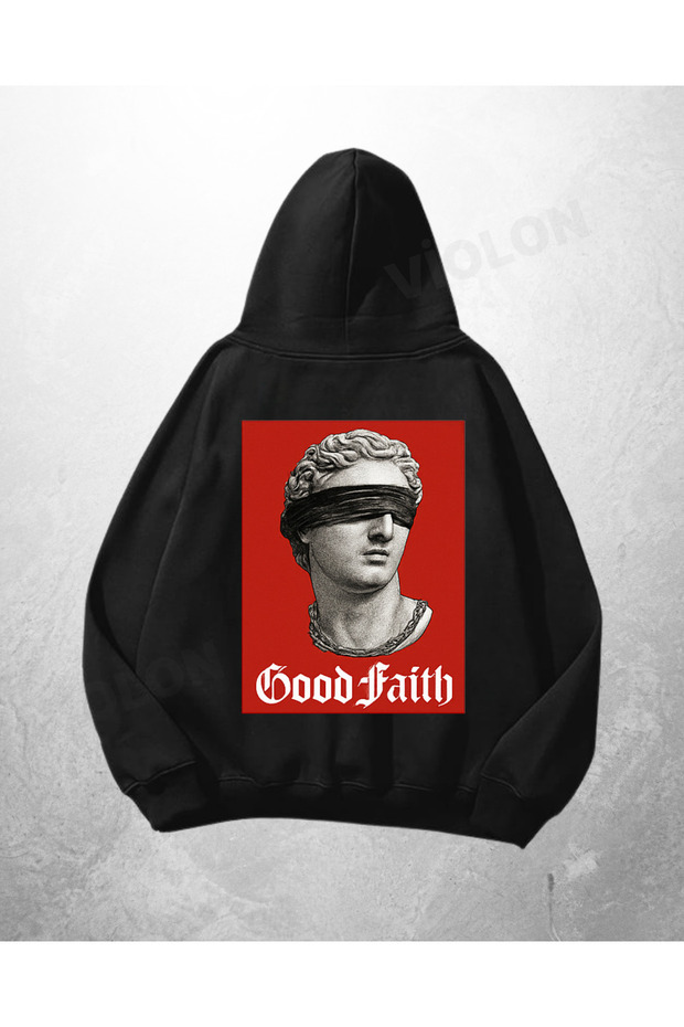 Black Unisex Good Faith Red Frame Printed Oversize Hoodie Sweatshirt
