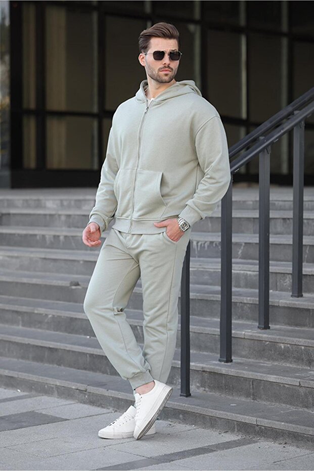 Mint Yeşili Kapüşonlu Fermuarlı Basic Erkek Eşofman Takımı E7331 - 3