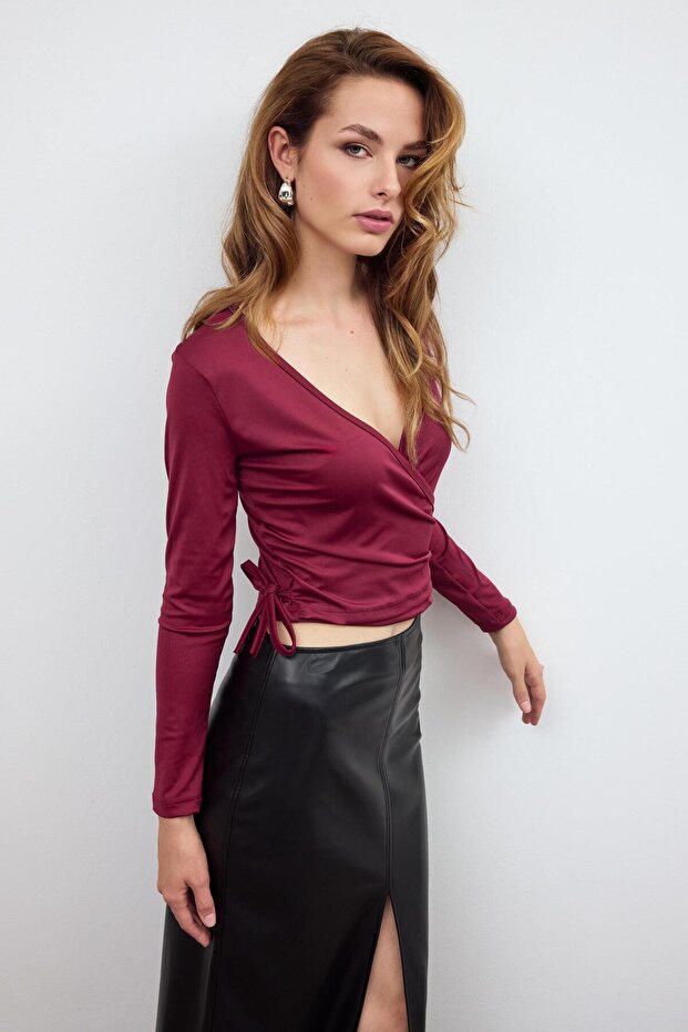 Bordo Basic Kruvaze Bağlamalı Bluz - 1