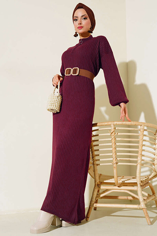 15900 Boydan Tesettür Triko Elbise - Y.Bordo - 1