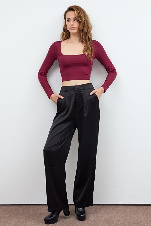 Bordo Basic Kare Yaka Crop Bluz - 3