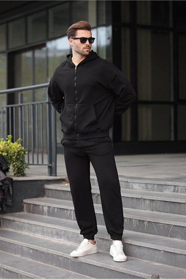 Siyah Kapüşonlu Fermuarlı Basic Erkek Eşofman Takımı E7331 - 1