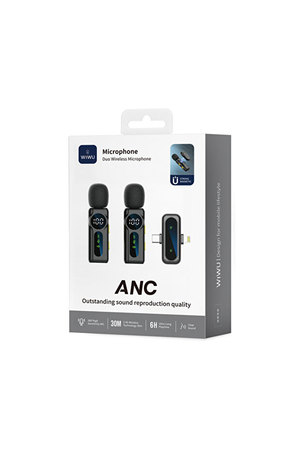 Wi-WM007 2in1 Type-C ve Lightning Portlu ANC Özellikli Kablosuz Yaka Mikrofonu Siyah - 6