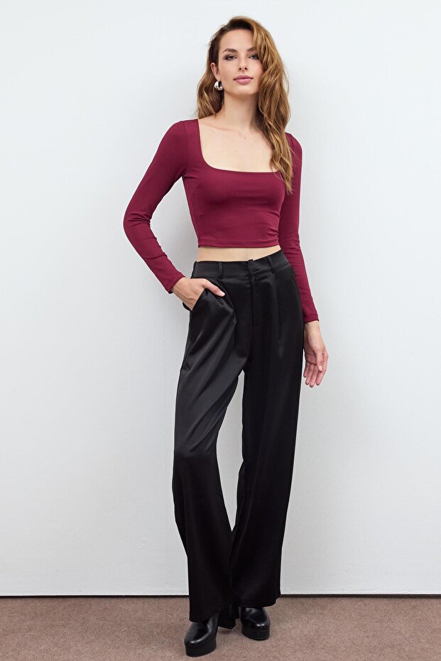 Bordo Basic Kare Yaka Crop Bluz - 1
