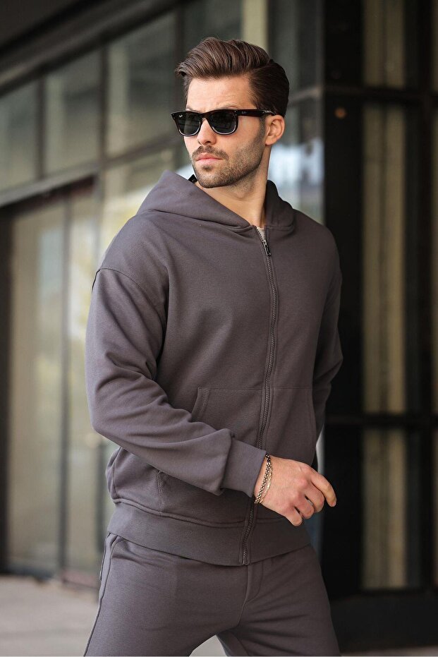 Füme Kapüşonlu Fermuarlı Basic Erkek Eşofman Takımı E7331 - 3