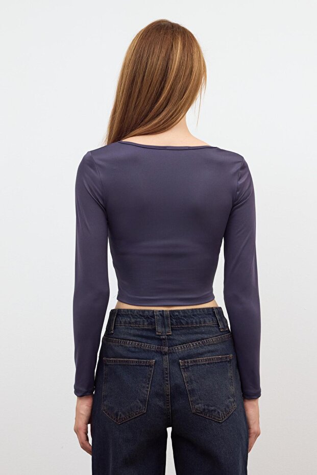 Antrasit Basic Kare Yaka Crop Bluz - 4