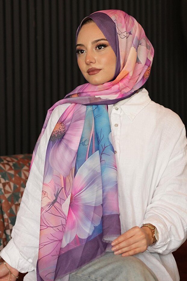 شال قطن ناعم وردي بنمط الزهرة - 2