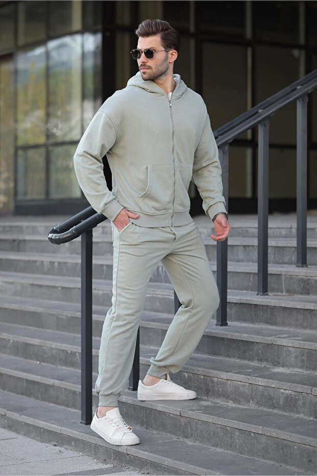 Mint Yeşili Kapüşonlu Fermuarlı Basic Erkek Eşofman Takımı E7331 - 4