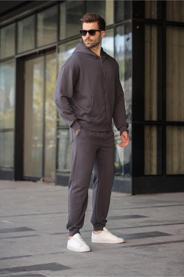 Füme Kapüşonlu Fermuarlı Basic Erkek Eşofman Takımı E7331 - 4