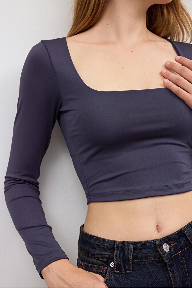 Antrasit Basic Kare Yaka Crop Bluz - 3