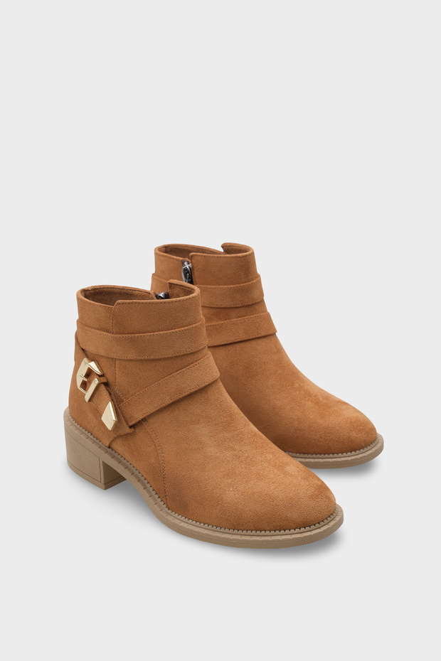 Women's Belt Buckle Side Zipper Casual Boots Jenya Tan Suede