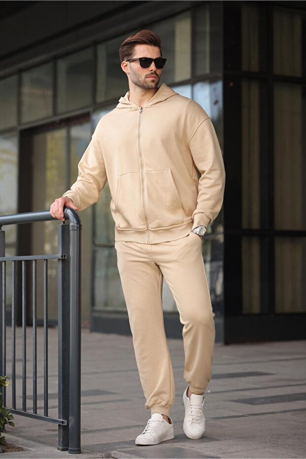 Bej Kapüşonlu Fermuarlı Basic Erkek Eşofman Takımı E7331 - 1