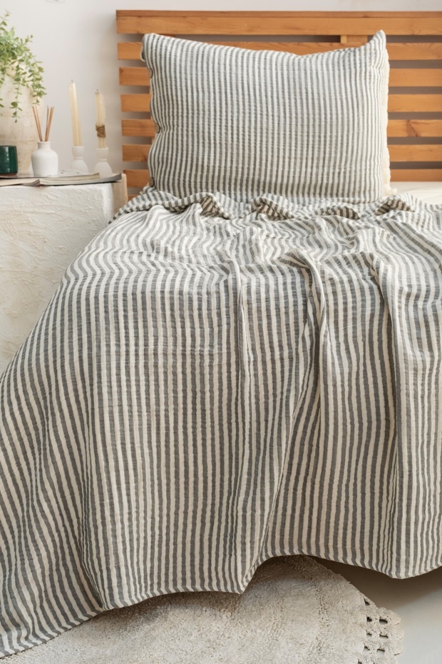 Modern Tek Kişilik %100 Pamuk 3 Katlı Müslin Yatak Örtüsü Seti Çizgili - 2