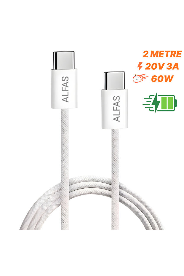 Type-C Şarj Kablosu 2m PD 60W 3A 1Gbps Hızlı Şarj & Data Transfer Usb-c Iphone Android Örgülü Kablo - 1