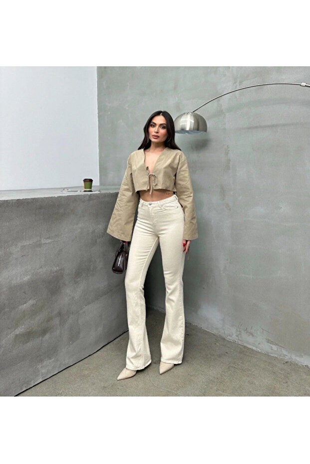 KREM YÜKSEK BEL İSPANYOL PAÇA JEAN - 1