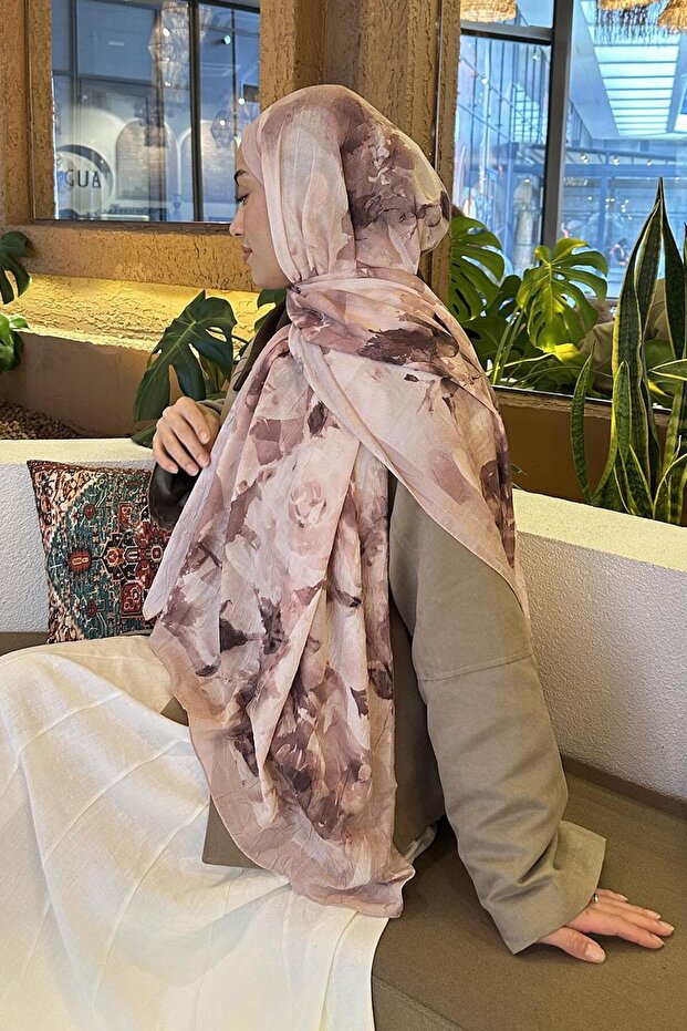 Gül Desen Bambu Şal Bej - 4